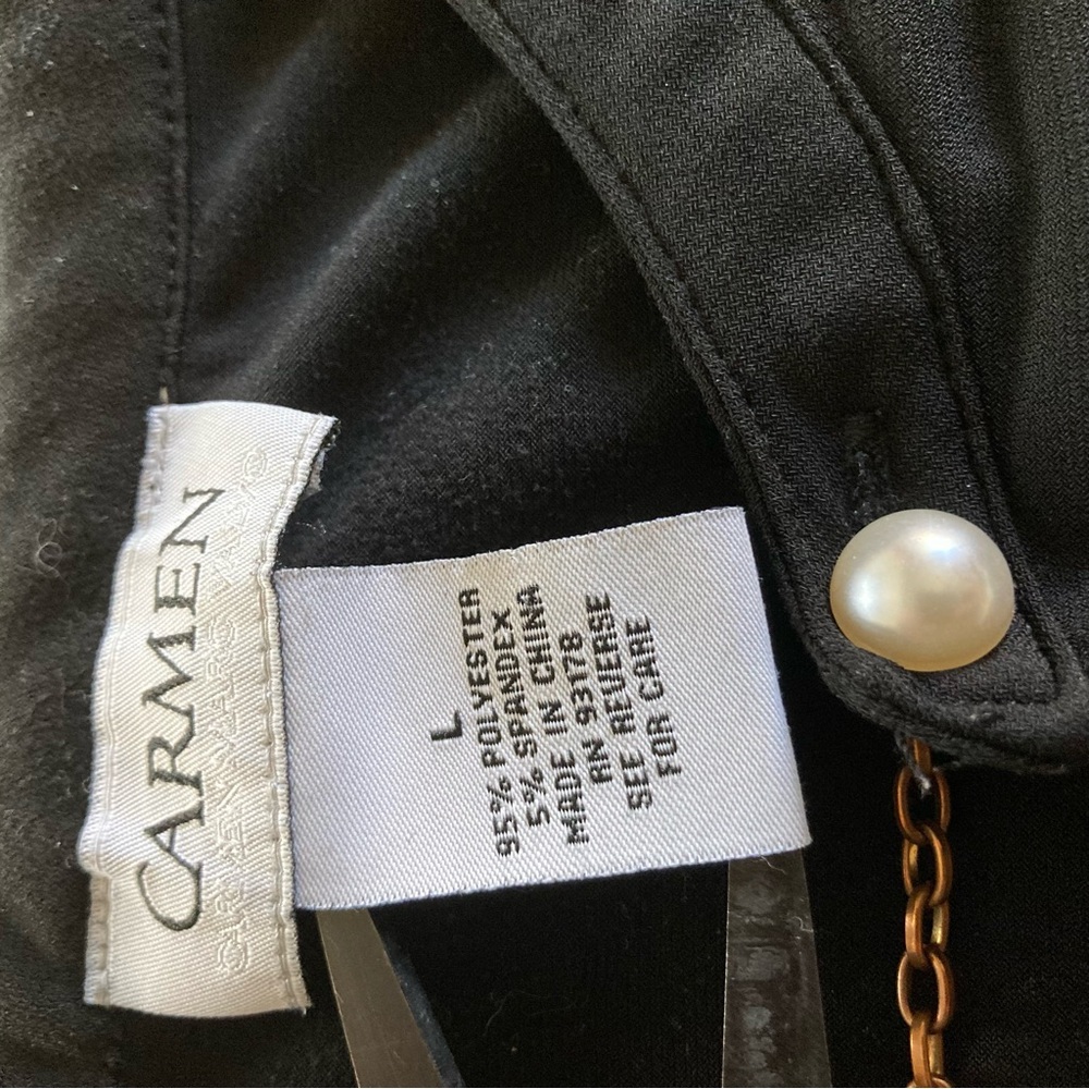 Carmen Marc Valvo Black V-Neck Sleeveless Top with Faux Pearl Accents Size L - Picture 4 of 7